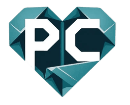 Logo de PC Papelería Creativa: corazón origami turquesa con las iniciales PC