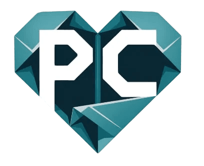 Logo de PC Papelería Creativa: corazón origami turquesa con las iniciales PC